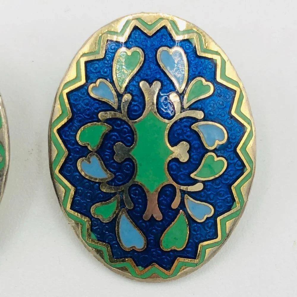 Vintage Blue and Green Enamelled Earrings - Picture 2 of 5